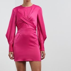 STAUD Hot Pink Satin Long Sleeve Crisscross Front Open Back Crosshill Dress